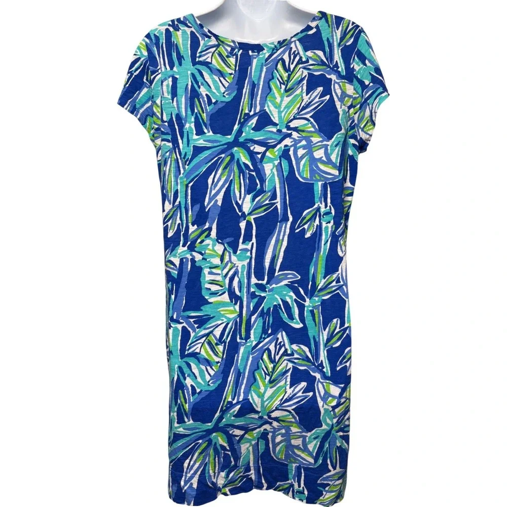 LILLY PULITZER Womens Blue Bamboo Print Pima Cotton Henley Dress M Tropical Soft